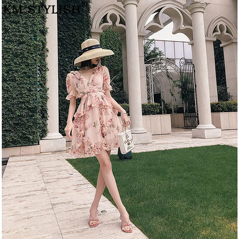 Женское шифоновое платье с высокой талией цветочным принтом в стиле ретро лето