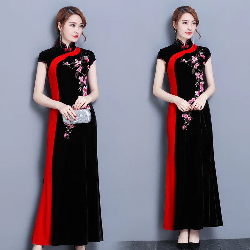 Женское китайское традиционное платье Cheongsam Золотое бархатное Ципао элегантное