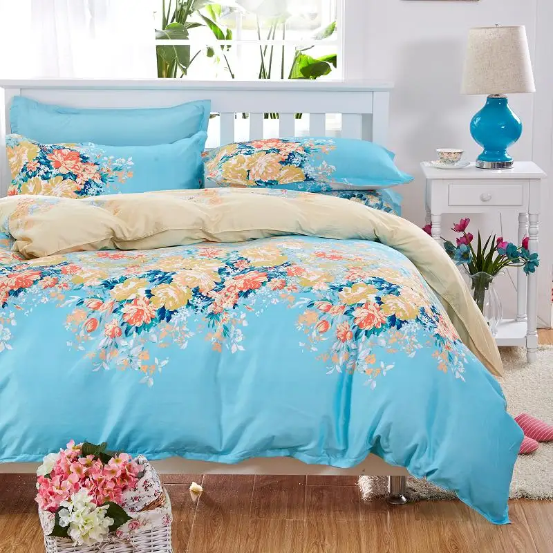 

Elegant Floral Bedding Set Polyester Cotton Bed Linen Sets 4pcs Bedspreads Kids Twin Size Blue Duvet Cover Bed Sheet Set