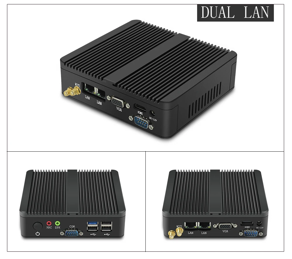 BEBEPC безвентиляторный мини ПК 2 * COM Intel Celeron J1900 четырёхъядерники Dual LAN Windows 10 Ubuntu