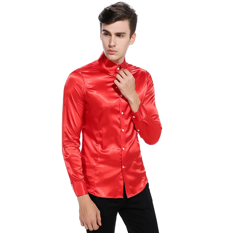 Red Шелковая атласная Мужская рубашка Chemise Homme модная мужская приталенная смокинговая рубашка Повседневная блестящая шелковая рубашка на пуговицах - Цвет: Red