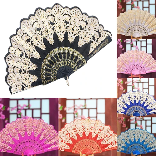 Vintage Chinese Ethnic Style Dance Party Wedding Golden Tone Hand Held Flower Folding Fan | Дом и сад