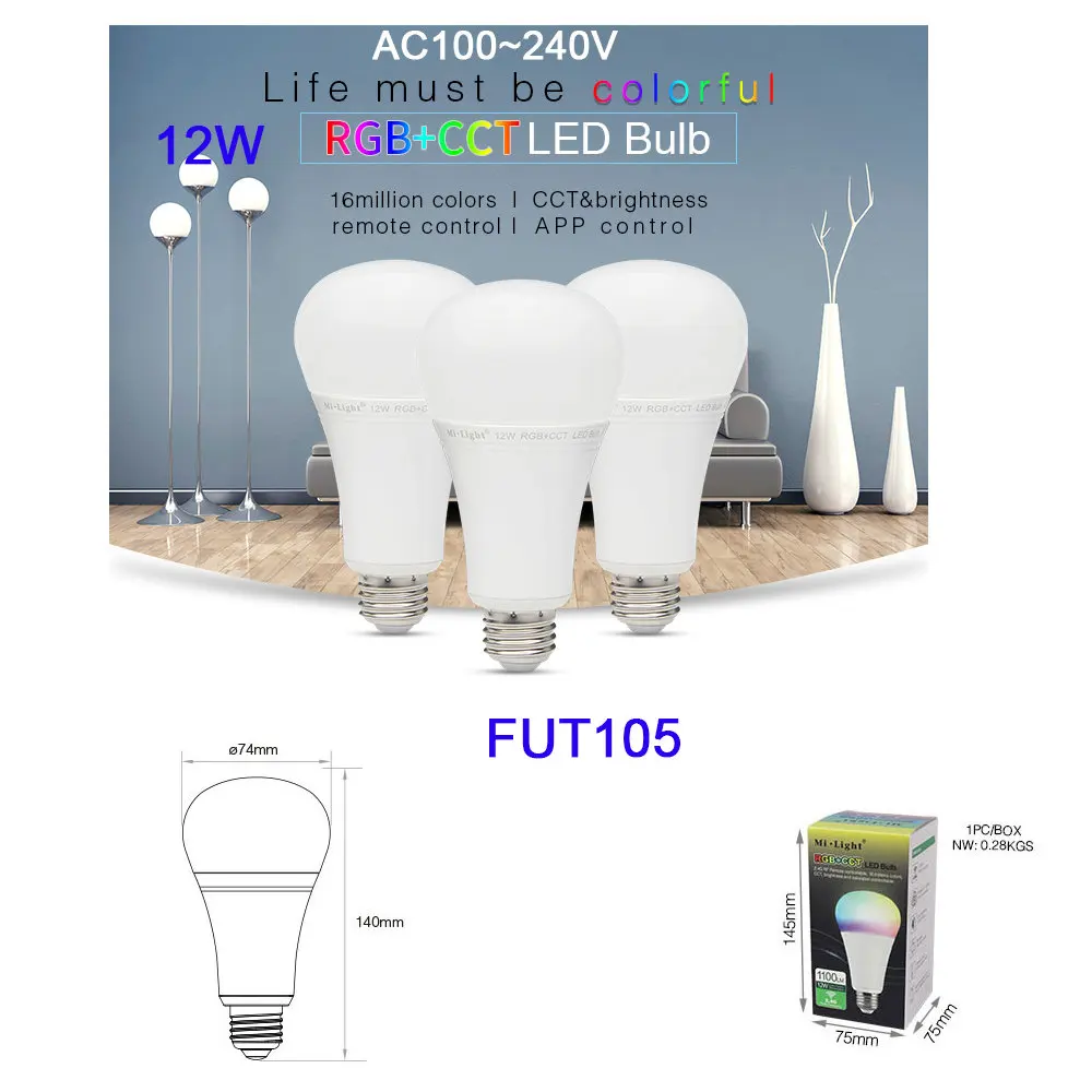 Miboxer 5 Вт 6 Вт 9 Вт 12 Вт E14 E27 Смарт RGB CCT светодиодный светильник Blub лампа 2,4 г пульт дистанционного управления FUT013/FUT014/FUT012/FUT105/FUT092/FUT089/T4/B8 - Испускаемый цвет: FUT105    12W