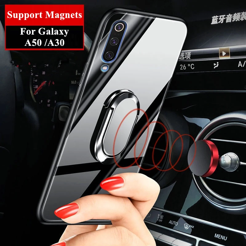 Glass Phone Case for Samsung Galaxy A50 A70 Luxury Tempered Mirror Magnet Ring Back Cover Cases For A30 Fundas | Мобильные телефоны