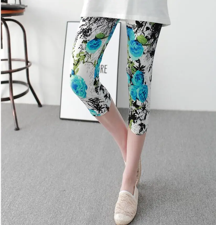 Blue flowers 7pants YRRETY, женские укороченные штаны с принтом, женские Капри, высокая талия, сексуальные леггинсы, женские штаны, Мягкие штаны, женские летние леггинсы - Цвет: Blue flowers 7pants