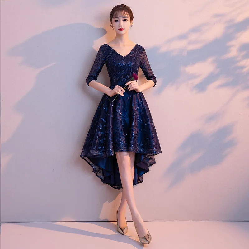 Navy Blue Короткое спереди длинное сзади серебристо-серое кружевное вечернее платье с v-образным вырезом листья расшитые блестками Высокие Низкие платья для матери невесты - Цвет: Navy Blue