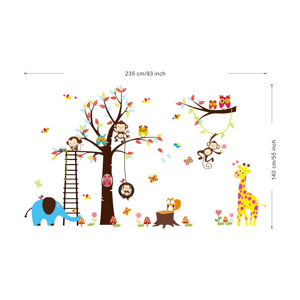 Мультяшный Лес Животные бабочка жираф искусственное дерево наклейка на стену
