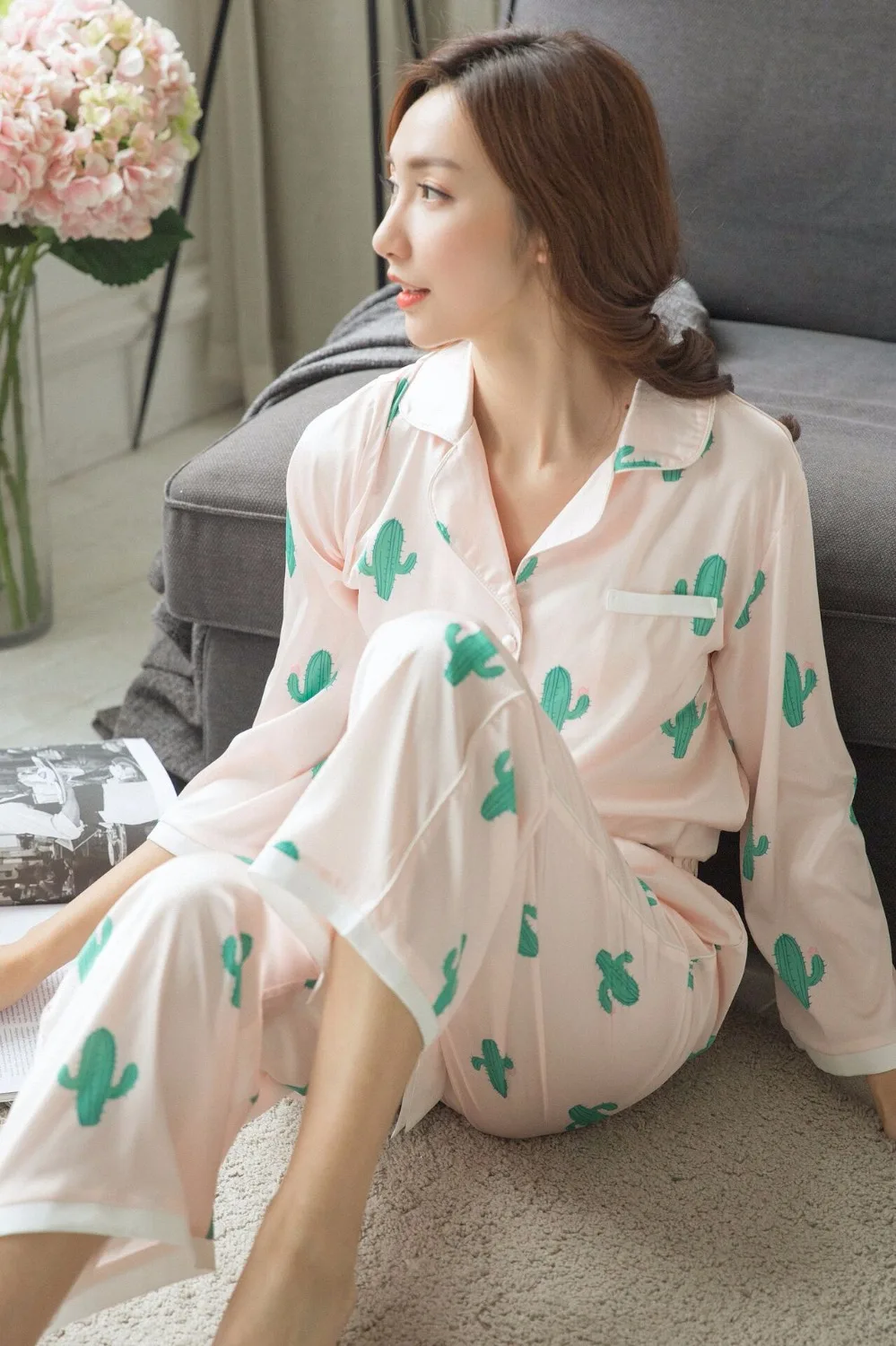 CFYH 2018 New Fashion Spring Summer cactus pattern Comfortable pajamas silk satin two piece suit | Женская одежда