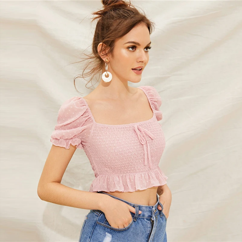 SHEIN Boho Сексуальный розовый Швейцарский горошек гофрированный подол гофрированный укороченный Топ Блузка с пышными рукавами женские летние облегающие милые топы и блузки