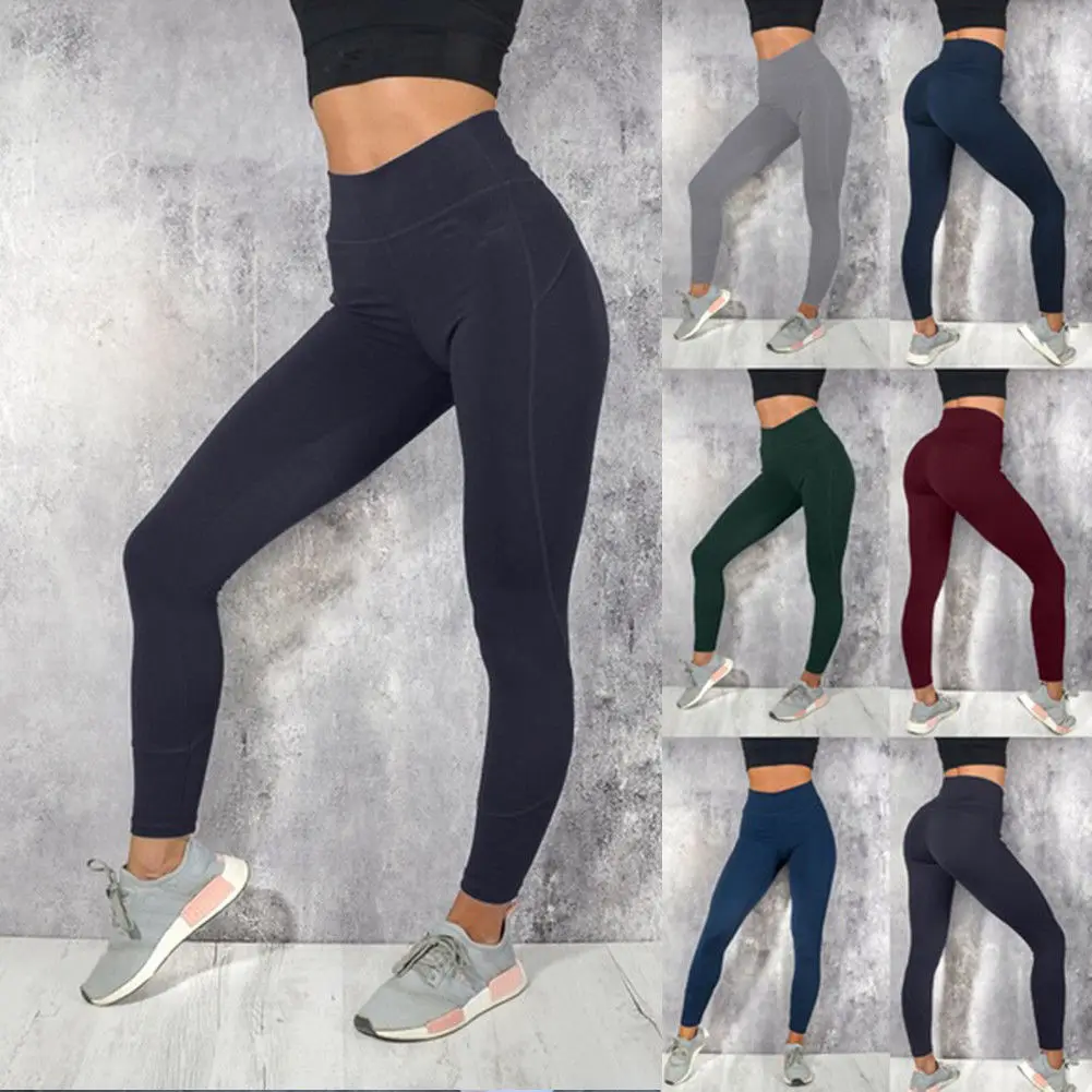 Для женщин Soild Цвет Спорт Леггинсы с высокой талией Push Up Леггинсы для йоги тренажерный зал упражнения облегающие штаны для бега бег