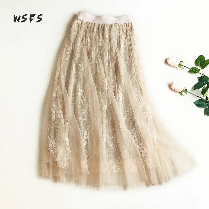 Женская сетчатая юбка с блестками Wsfs розовая или серая длинная кружевная средней