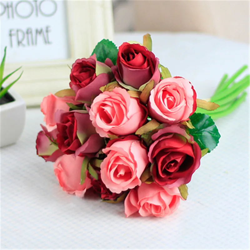 12PCS red pink 7/8/9/12 шт./лот Искусственные цветы розы свадебный букет год розовый Королевская роза из шелка с цветочным принтом украшения дома Свадебная вечеринка Декор - Цвет: 12PCS red pink