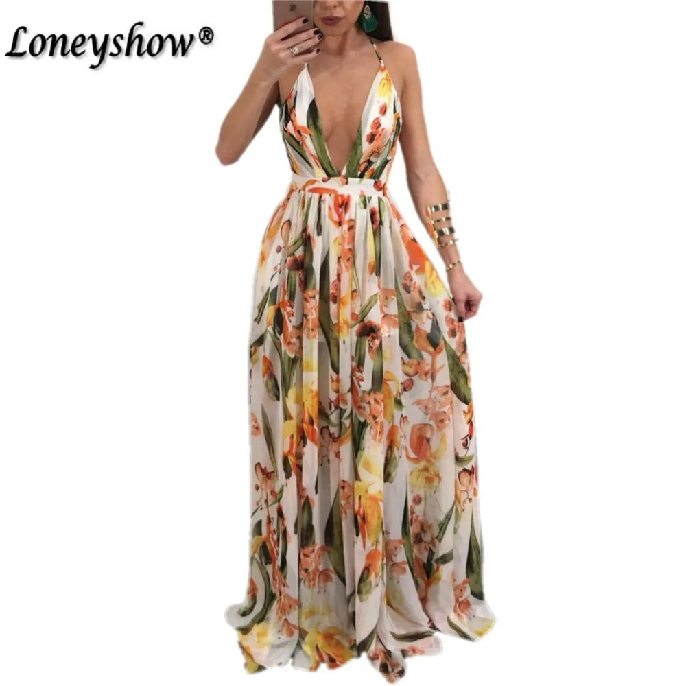 Пикантные Глубокий V шеи Boho пляжное платье макси Для женщин Летняя Шифоновая