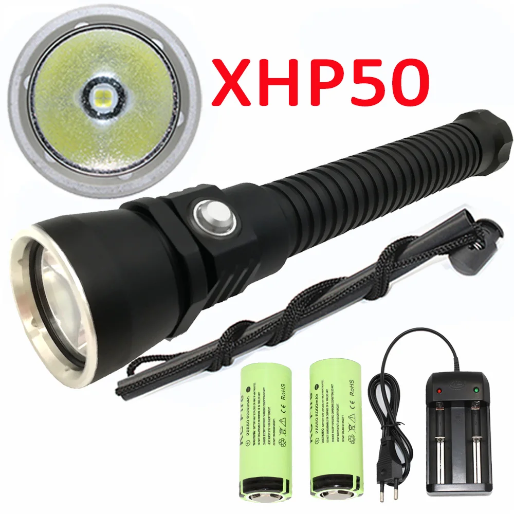 Barato Linterna De Buceo LED Impermeable XHP50, Luz De Flash De Buceo Subacuática, Potente Lámpara + 2 Baterías De 26650 + Cargador