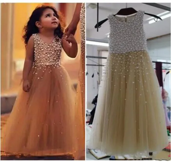 Блестящее Тюлевое платье цвета шампанского с жемчугом для девочек цветами на