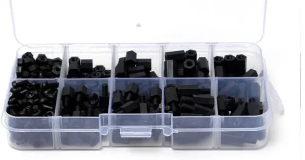 

300pcs/lot M3 plastic nylon black spacer male to female standoff nylon phillips screws hex nut set assortment kit with box139