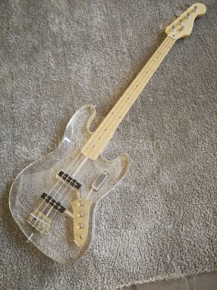 Shelly магазин пользовательский прозрачный акрил тела светодио дный LED jazz bass 4 Струны электрический бас гитары Музыкальные инструменты магазин