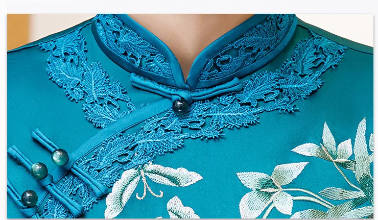 Sheng Coco размера плюс Королевский синий китайский шелк Qipao атлас Cheongsam платья Длинные Кружева Окаймленный воротник Qipao 4XL вышитые цветы