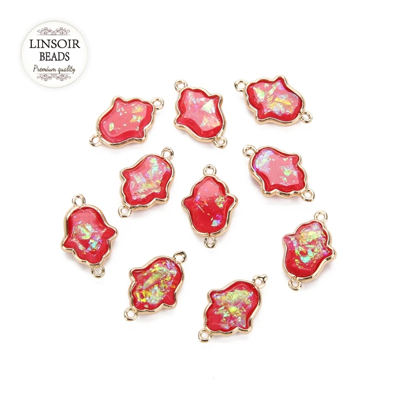 

Wholesale 5pcs Double Hole Charms Hamsa Palm Fatima Hand Copper Charm Pendants For Jewelry Making DIY Handmade Craft