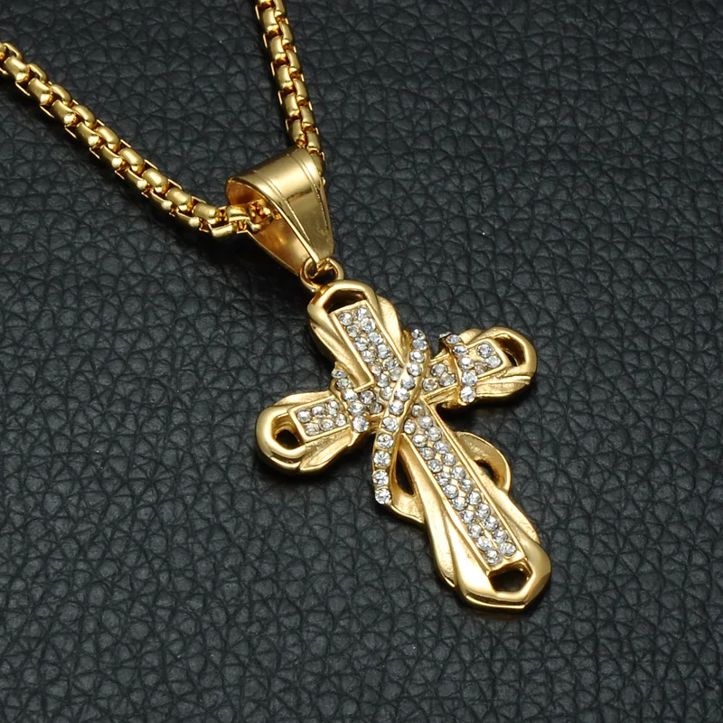 Хип хоп Стразы паве ледяное Золото Цвет Нержавеющая сталь крест Распятие мужские