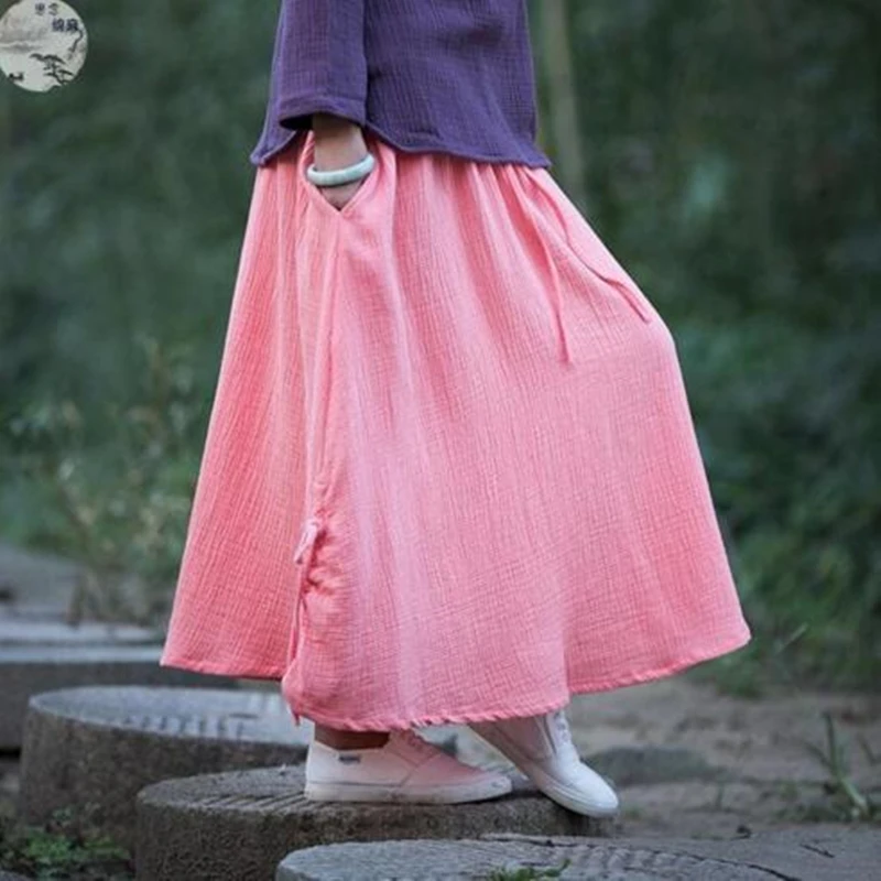 

2022 Spring Summer Women Full Skirt, Elegant Cotton Linen Elastic Waist Ladies Slim Casual Skirt, Skirt -