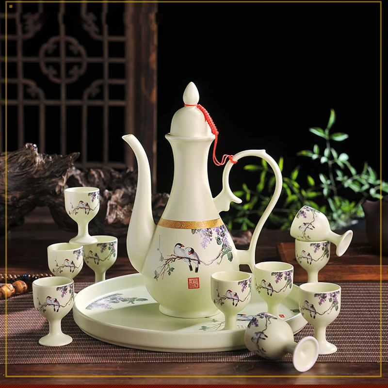 Керамический фарфоровый набор посуды для вина Jingdezhen с рисунком птицы и цветов