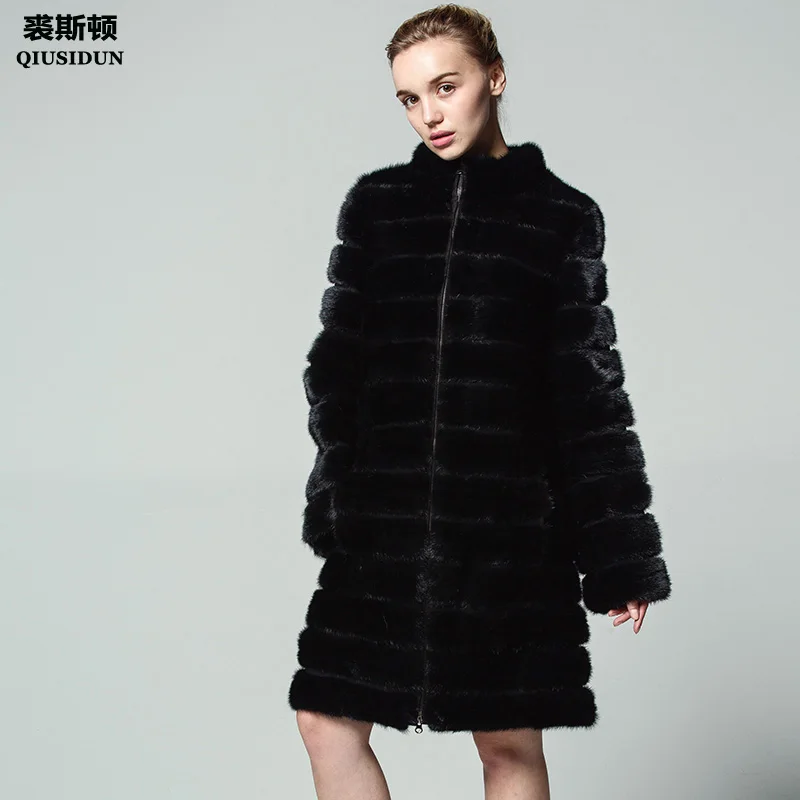 QIUSIDUN Mink Fur Coat Beautiful Coats Women Fur Coat Fashion Slim Mink Fur For Women  Mink Tail  Black New