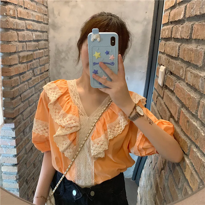 RUGOD New Arrival Women Stiching Shirt V-neck Half Lantern Sleeves Loose Lace Ruffles Blouse Sweet Temperament Mujer Blusa
