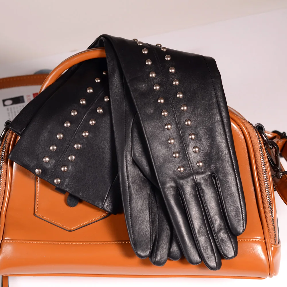 40cm-50cm Women's Ladies Real leather Rock Rivet Overlength Punk Party Evening long gloves