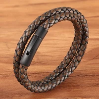 tyo 1pcs new arrival khaki genuine braided leather wrap cord bracelet stainless steel black easy hook male simple punk jewelry