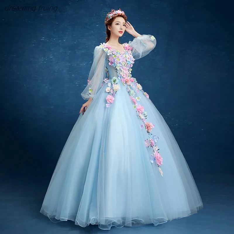Платья синего цвета с длинным рукавом и цветным объемным цветком Vestidos De 15 бальное