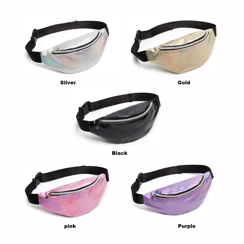 

BONAMIE Laser Fanny Pack Bags Women Trendy Color Waist Packs Female Belt Bag Pink PU Waist Packs Laser Chest Phone Pouch New