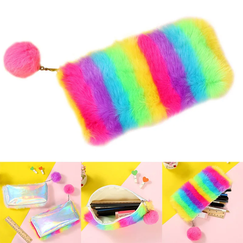 Высококачественный 1 шт Радужный цветной плюшевый пенал для карандашей