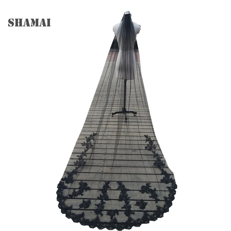 Фата свадебная Однослойная с гребнем SHAMAI Ivory 1T черная длинная аппликацией белый