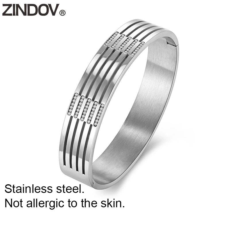 ZINDOV Trendy Jewelry Lady Bracelets For Women Gold Crystal Luxury 316L Stainless Steel Bangles Rose Big Wide Dropshipping | Украшения и