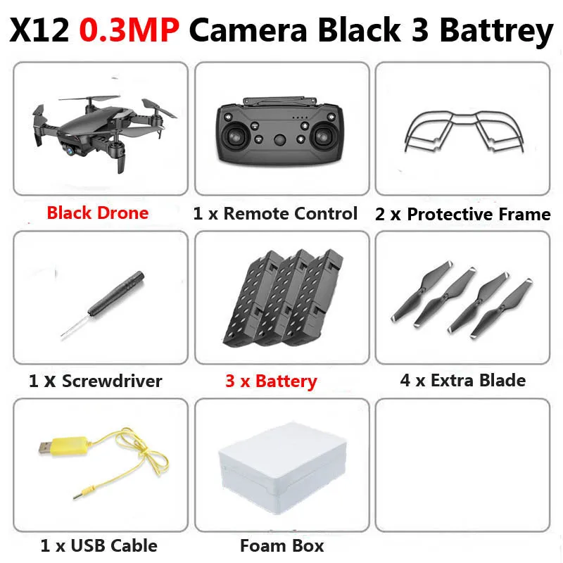 0.3MP Black 3B Foam X12 WiFi FPV Mini Foldable Drone Camera 0.3MP 2MP HD Optical Flow Aerial Video Profissional RC Quadcopter Helicopter Toys SG106 - Цвет: 0.3MP Black 3B Foam