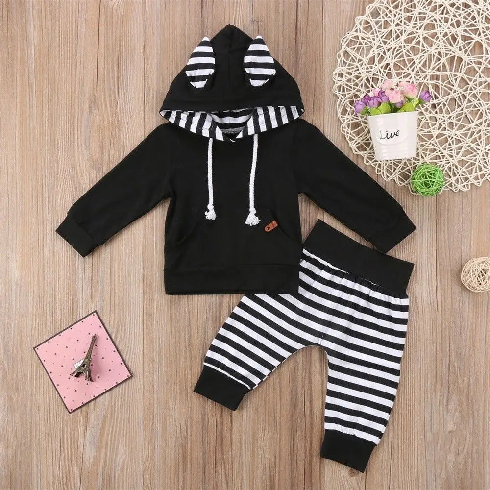 2 шт. футболка с капюшоном и штаны для новорожденных в полоску|baby boy girl clothes|boy