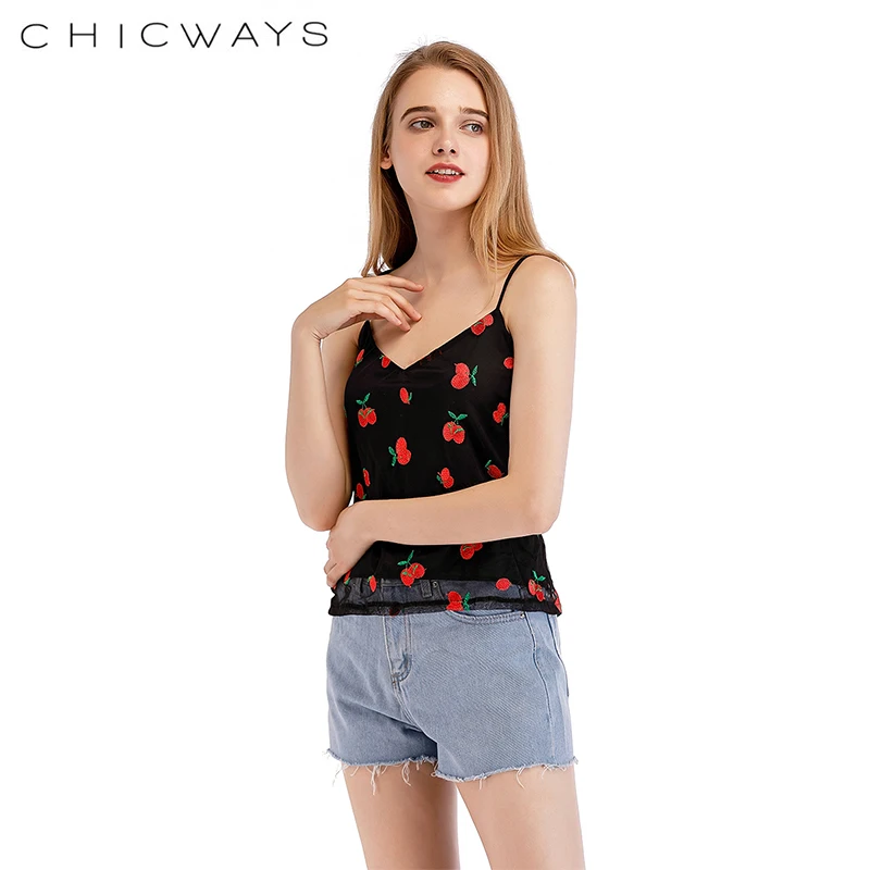 CHICWAYS Сексуальная спинки сетки майки Embroiderd цветочный вишни Спагетти ремень топы