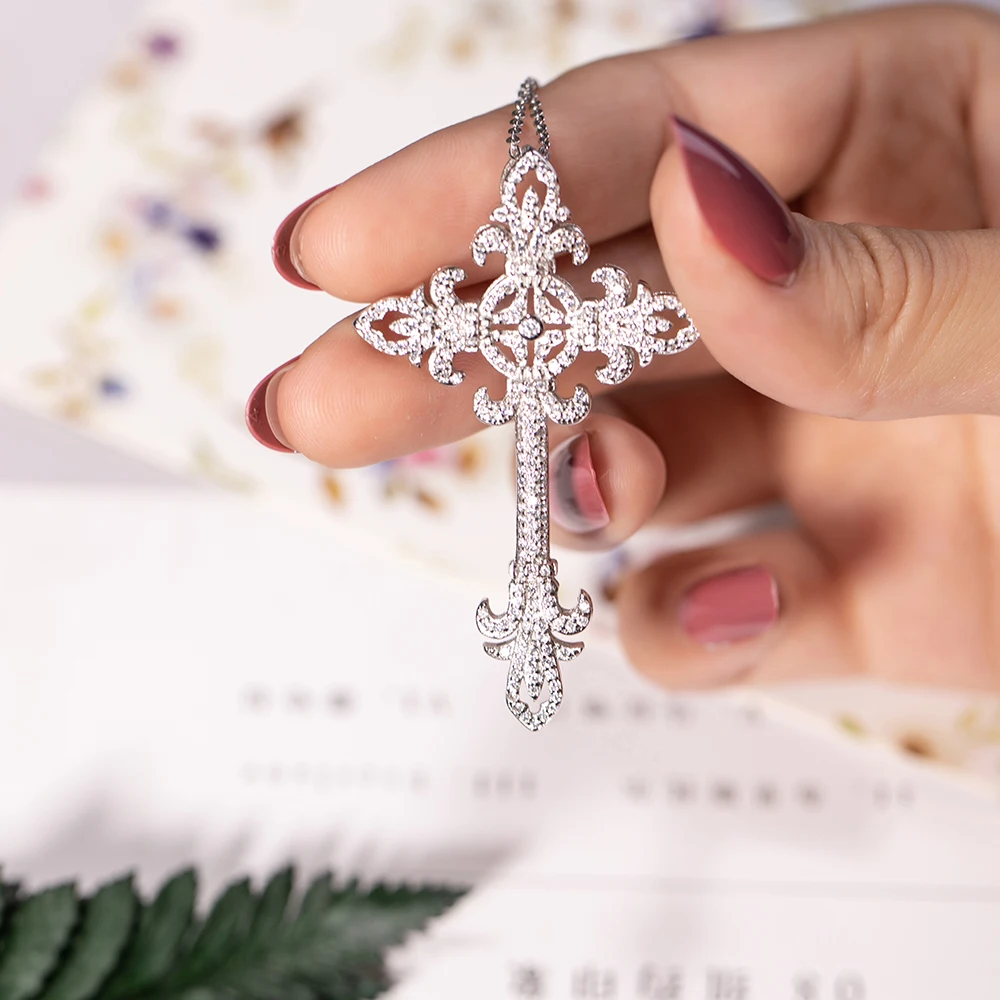 Brand 925 Silver diamond painting full Exquisite palace Cross Pendant Necklace for women men Crucifix Charm Luxury Jewelry