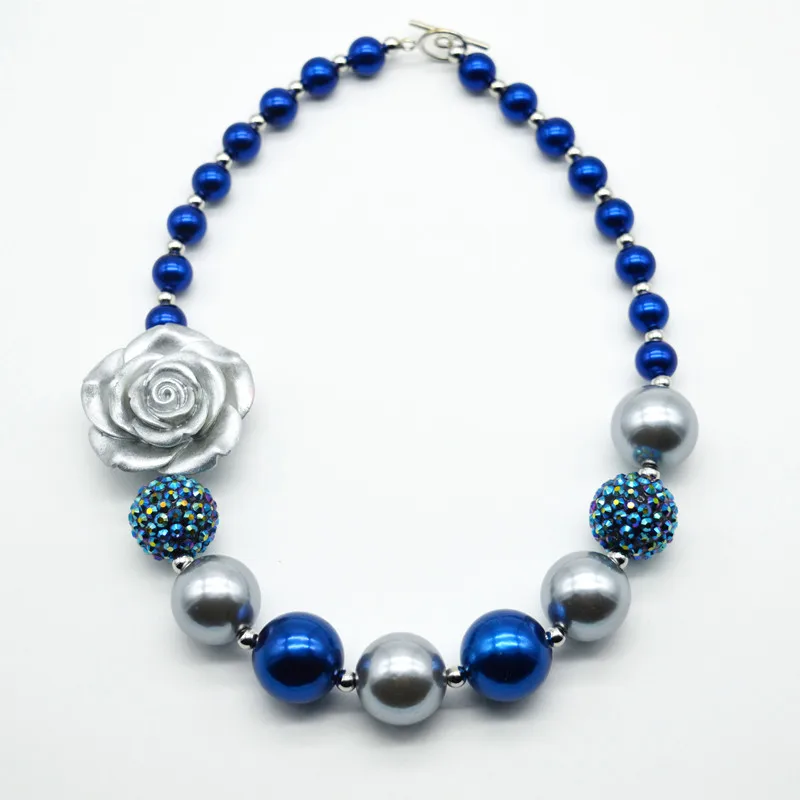 

5PCS Silver Color Girls Rose Flower Bubblegum Necklace Kids Chunky Jewelry Dark blue Pearl Beaded Necklace Party Favor Dress Up