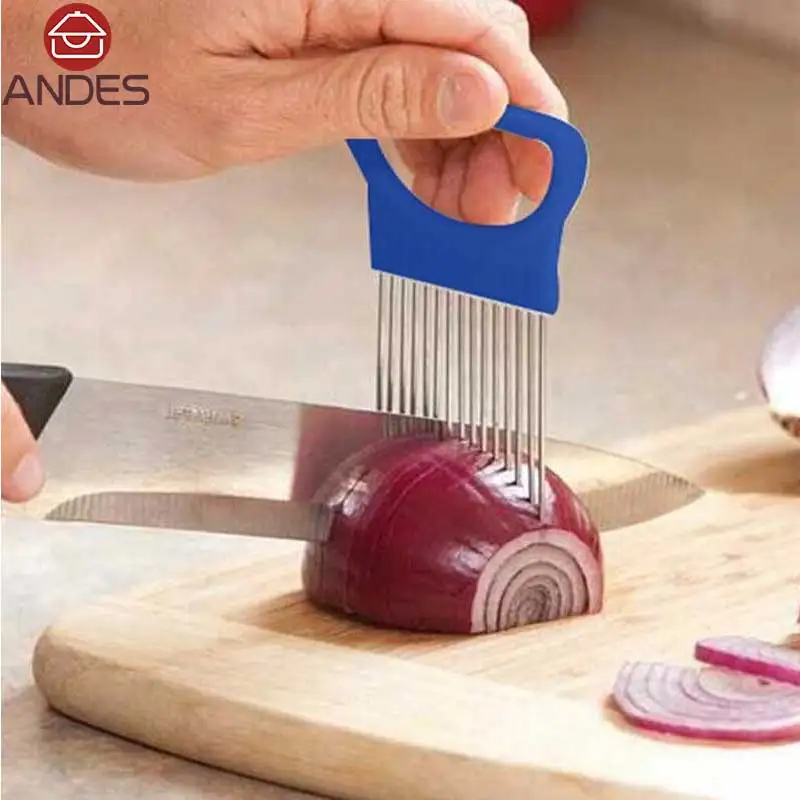 Легко вырезать лук держатель вилка из нержавеющей стали пластиковый слайсер для