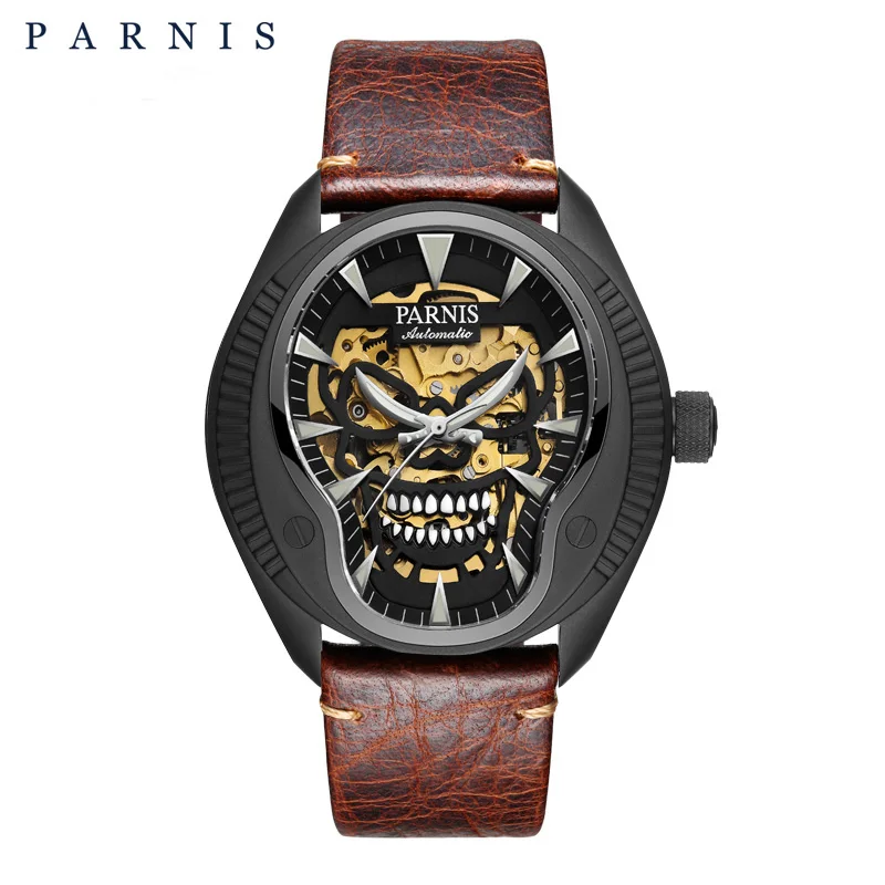 black skull leather2 Новинка PARNIS механические мужские часы 43 мм дизайнерские Череп Скелет с автоматическим подзаводом светящийся циферблат сапфировое стекло Мужские часы - Цвет: black skull leather2