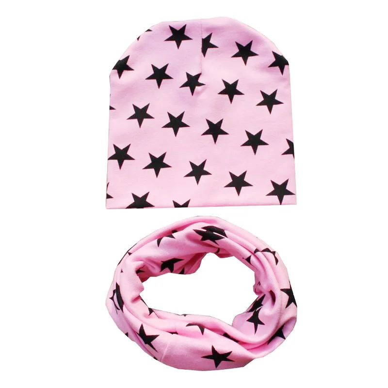 Pink star set Осенне-зимние вязаные детские шапочки, шапка унисекс с рисунком, хлопковая шапка для мальчиков, детская шапка, шапка для девочек, детская шапка, комплект, шарф, воротник - Цвет: Pink star set