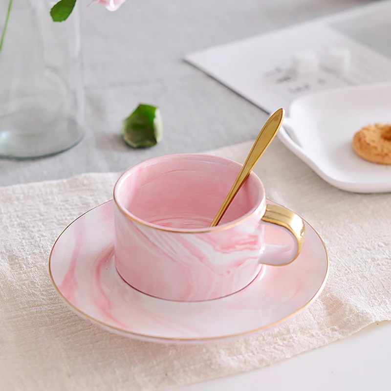 Pink-B Скандинавские керамические кофейные чашки, модные мраморные кофейные чашки, набор с блюдцем и ложкой, домашний офис, кофейные чашки, забавные подарки, Прямая поставка - Цвет: Pink-B