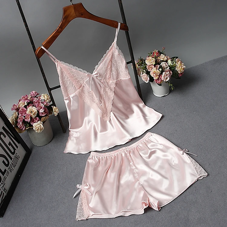 Пикантный женский кружевной Шелковый пижамный комплект бесплатная доставка 2017