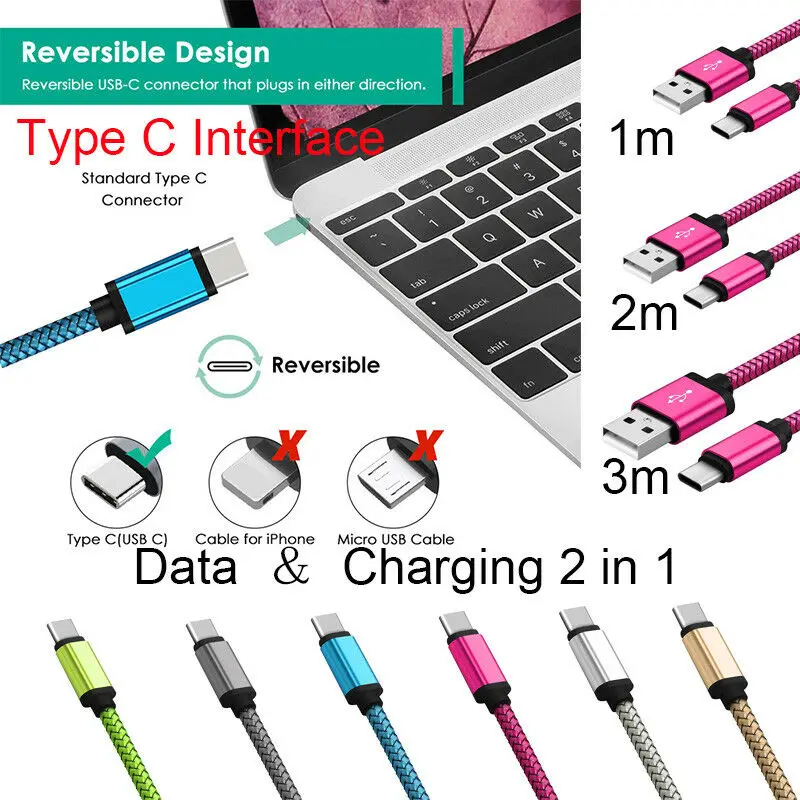 

0.25/1/2/3M Braided Type C USB Charger Data Cable For Samsung Galaxy Note 10 S20 S10 Plus For huawei p40 p30 Redmi Note 9s 8 7