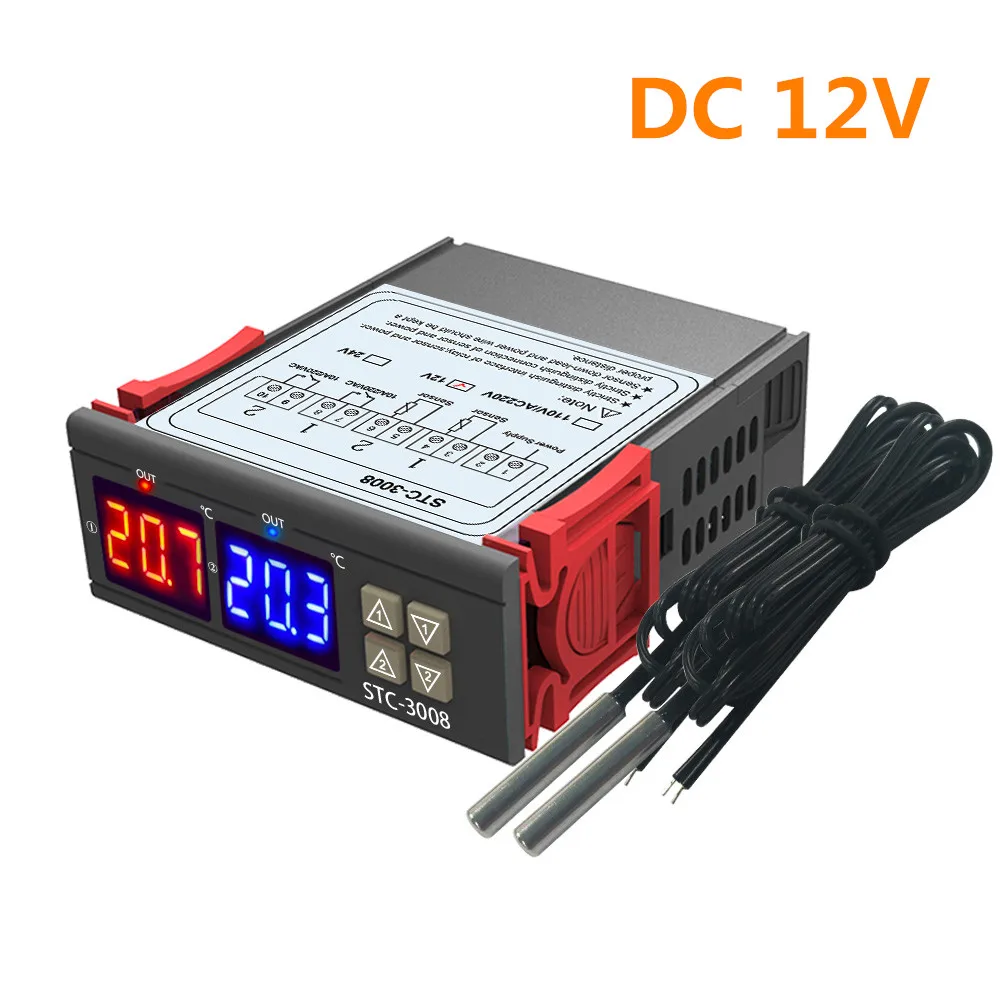 DC 12V STC-3008, двойной светодиодный цифровой термостат, регулятор температуры постоянного тока 12 В 24 В переменного тока 110 В 220 В, инкубатор, внутренний регулятор нагрева и охлаждения - Цвет: DC 12V