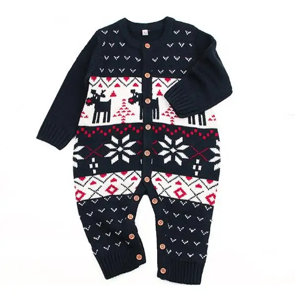 Dark blue Christmas Newborn Baby Boy Clothes Fashion Long Sleeve Print Knitted Baby Rompers Baby Girl Clothes Kids Jumpsuit - Цвет: Dark blue