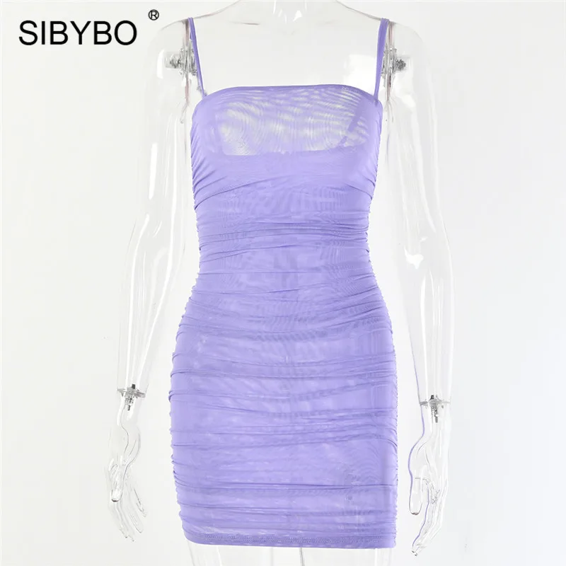 Фиолетовый Sibybo, Сетчатое летнее платье без бретелек, женское, без рукавов, на тонких бретелях, сексуальное, мини-платье, с открытой спиной, Пляжное, вечернее платье, короткое - Цвет: Фиолетовый