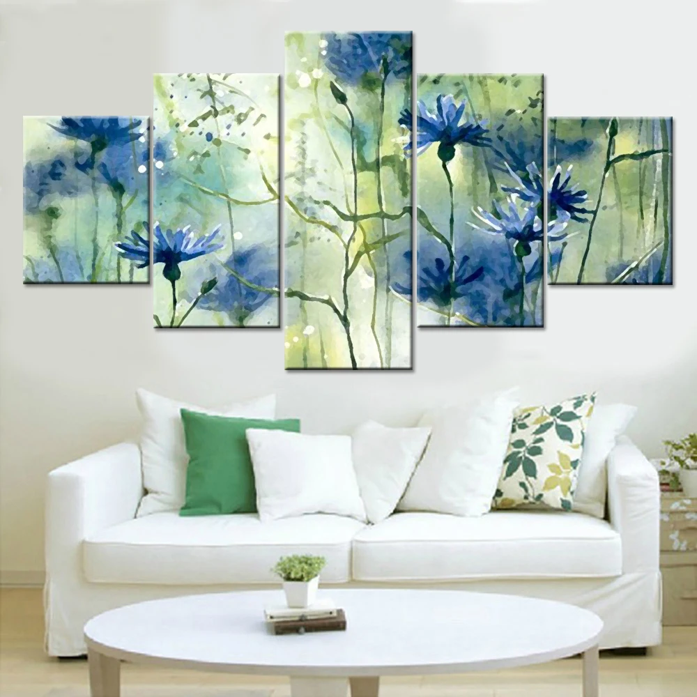 HD с напечатаным холстом 5 Панель картина синими цветами Wall Art Модульная Плакат